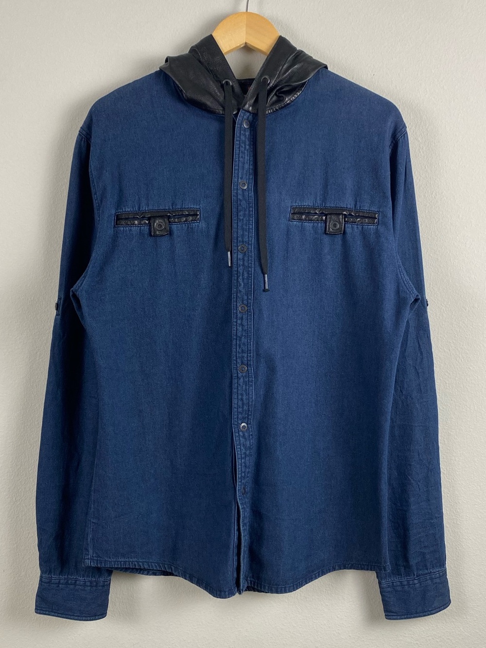 Nasty Pig Denim Faux Leather Hooded Long Sleeve Snap Button Shirt | Blue/Black